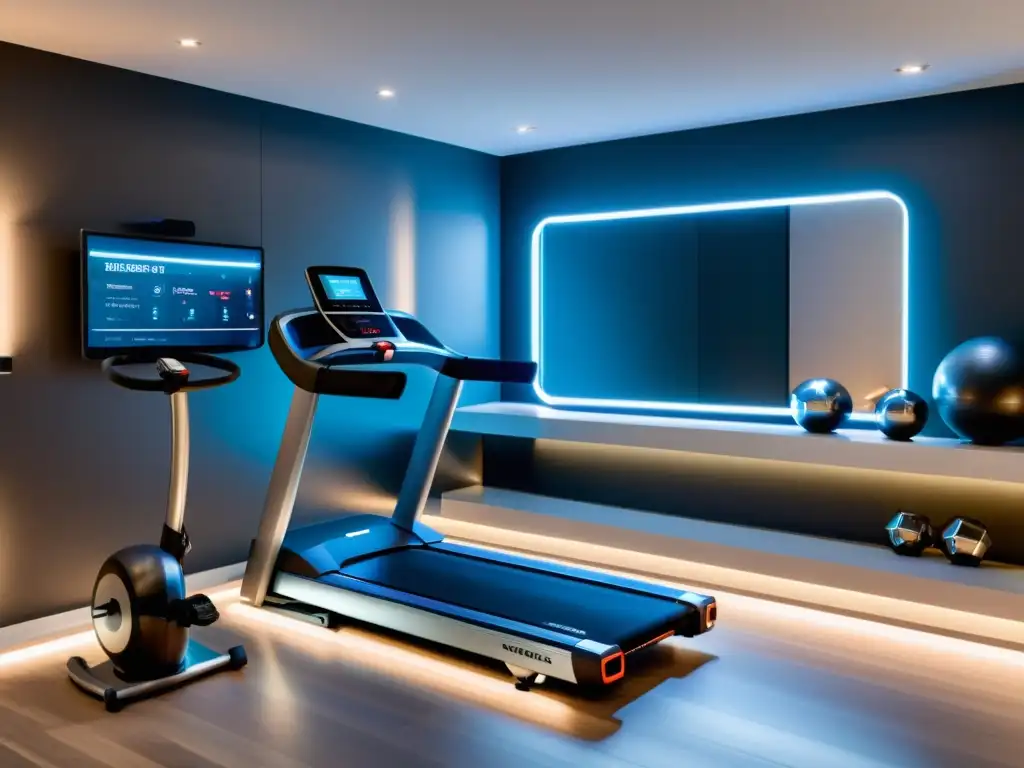 Espacio de gimnasio en casa futurista con equipamiento de alta tecnología Equipos de ejercicio inteligentes para hogar: Moderno gimnasio en casa con equipamiento futurista y ambiente sofisticado