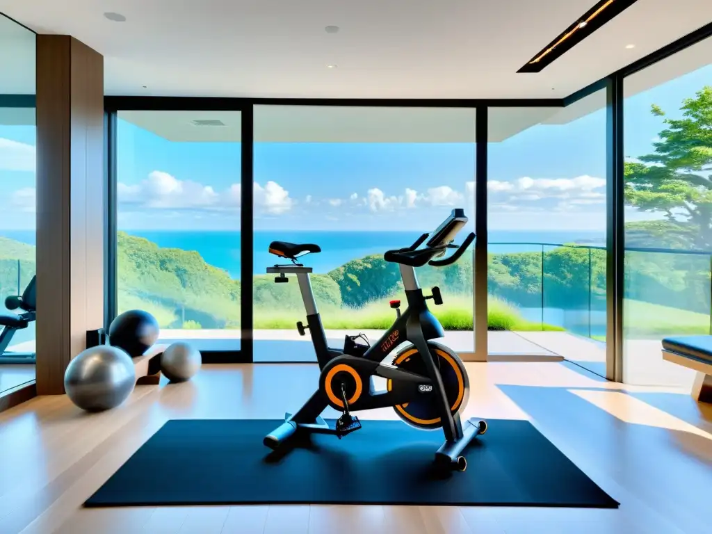 Moderno gimnasio en casa: tecnología y naturaleza en armonía Equipos de ejercicio inteligentes para el hogar: Gimnasio moderno con tecnología y naturaleza integradas, rodeado de equipo minimalista