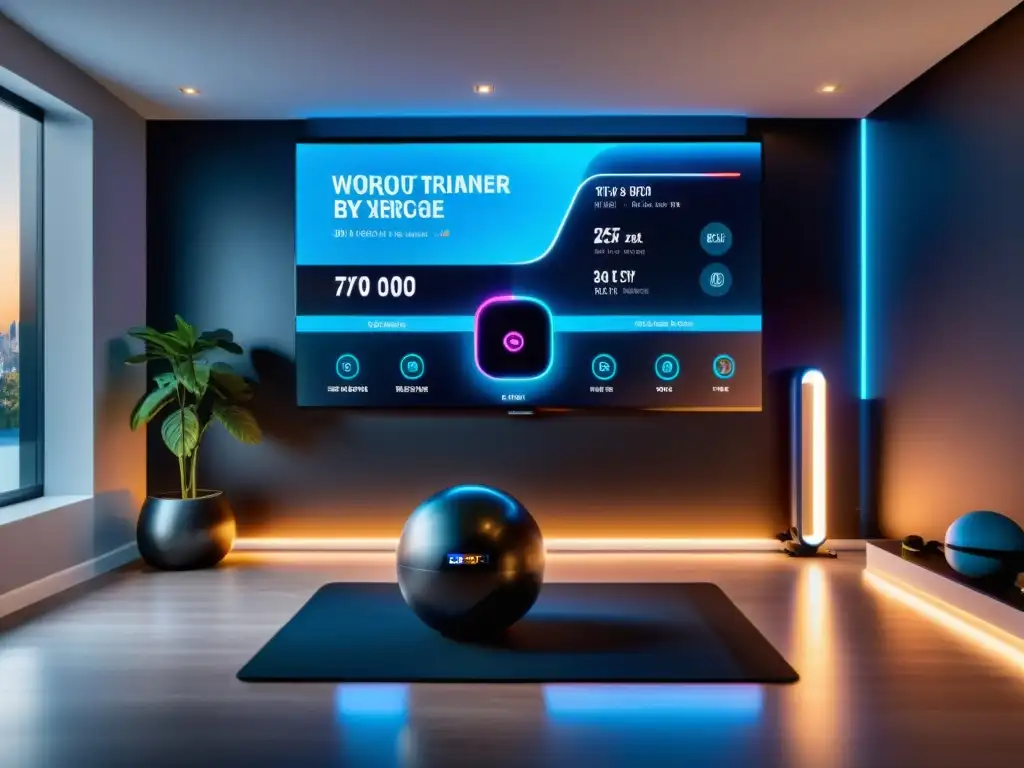 Moderno gimnasio en casa con equipo inteligente en 8k Equipos de ejercicio inteligentes para el hogar en un gimnasio futurista con tecnología de vanguardia y ambiente acogedor