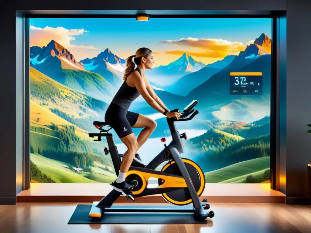 Bicicleta estática de lujo con pantalla virtual en paisaje montañoso Equipos de ejercicio inteligentes para hogar: Bicicleta estática moderna con pantalla integrada y paisaje virtual montañoso, rodeada de luz ambiental suave y atmósfera de lujo tecnológico
