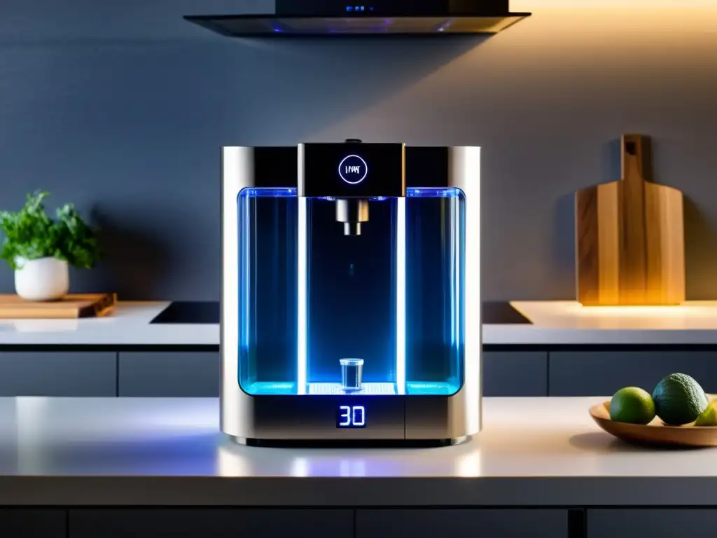 Sistema de filtración de agua moderno y futurista para cocina Equipos de filtración de agua inteligentes: sistema moderno con tecnología avanzada y diseño futurista, integrado en un hogar contemporáneo