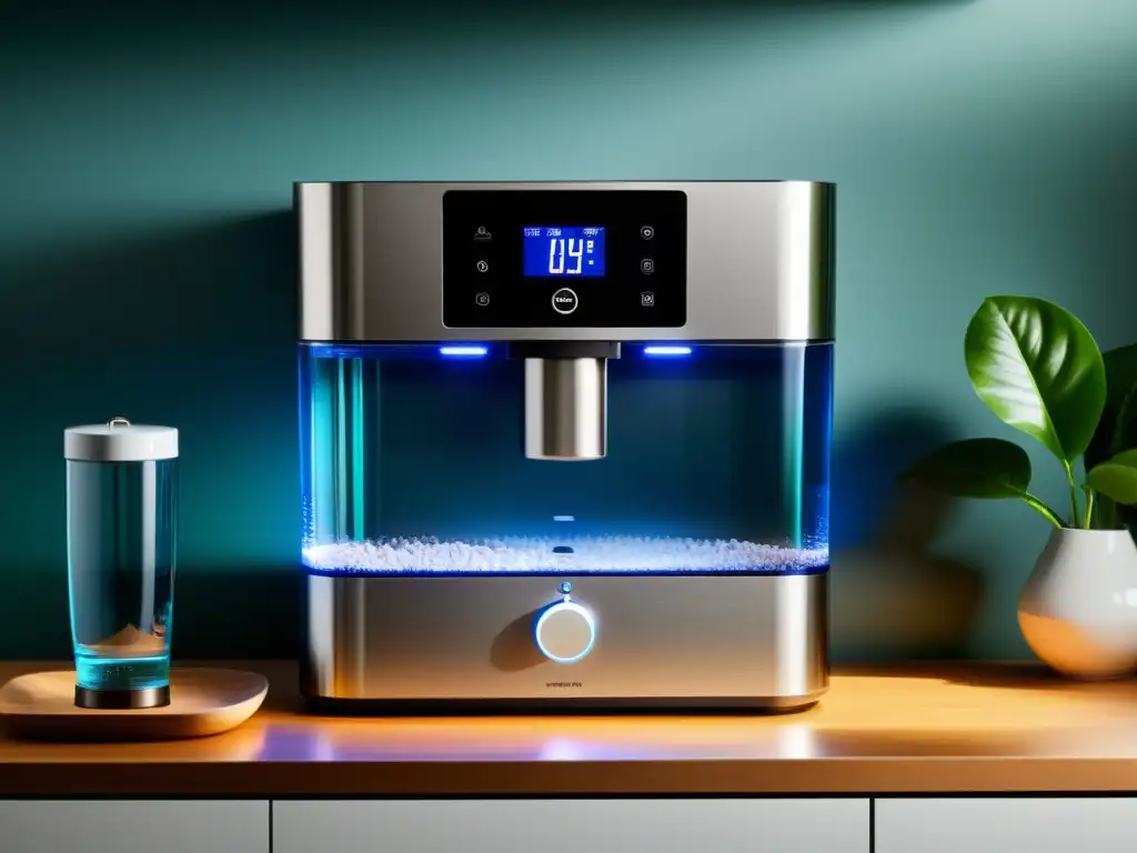 Purificador de agua de alta tecnología en cocina moderna Equipos de filtración de agua inteligentes en cocina moderna con ambiente acogedor y estética sofisticada