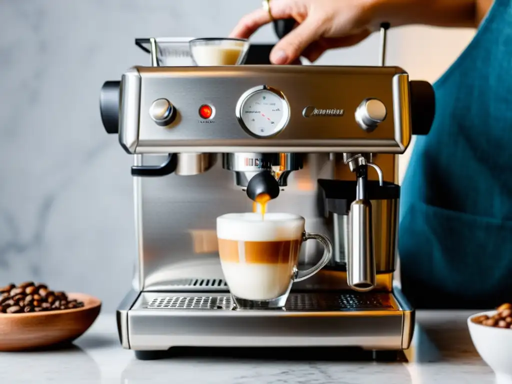 Una escena acogedora con la mejor máquina de espresso de acero inoxidable en una encimera de mármol, creando arte latte bajo la luz de la mañana