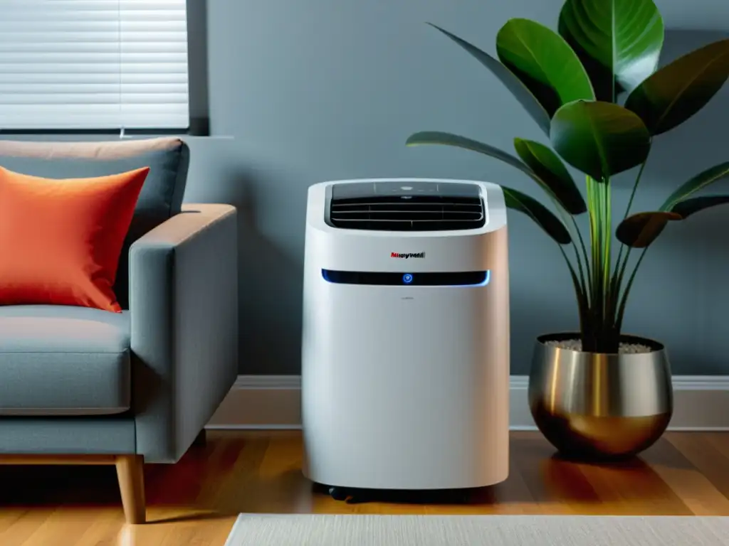 Aire acondicionado portátil Honeywell MN10CESWW en sala de estar moderna Una escena aspiracional con el aire acondicionado portátil Honeywell MN10CESWW como punto focal, en un salón moderno y minimalista
