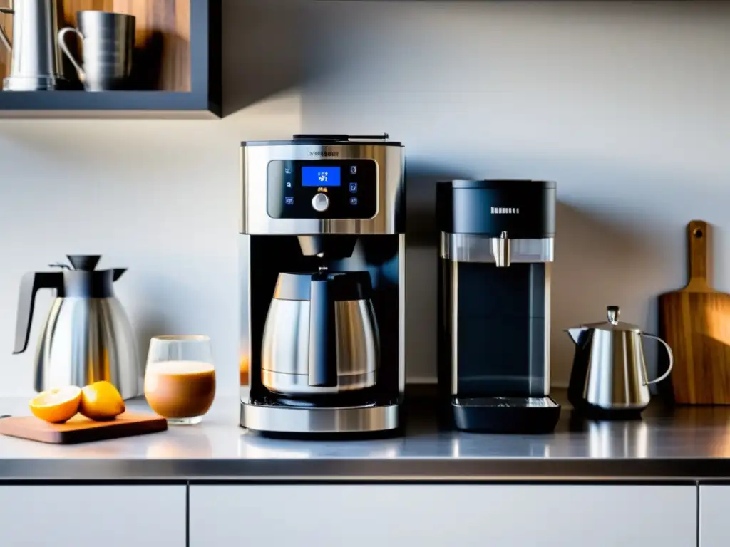 Cafetera de diseño futurista en cocina minimalista Una escena futurista en la cocina con una cafetera inteligente de diseño moderno y funcional