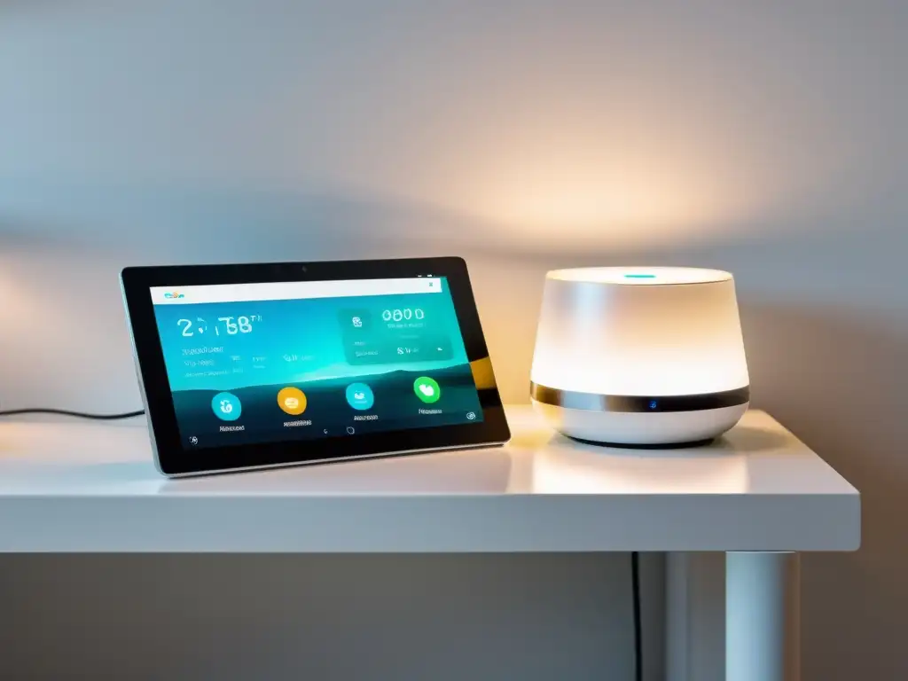 Control inteligente del hogar: tablet y dispositivos modernos en una escena elegante Escena sofisticada de tablet y dispositivos smart home en mesa blanca brillante