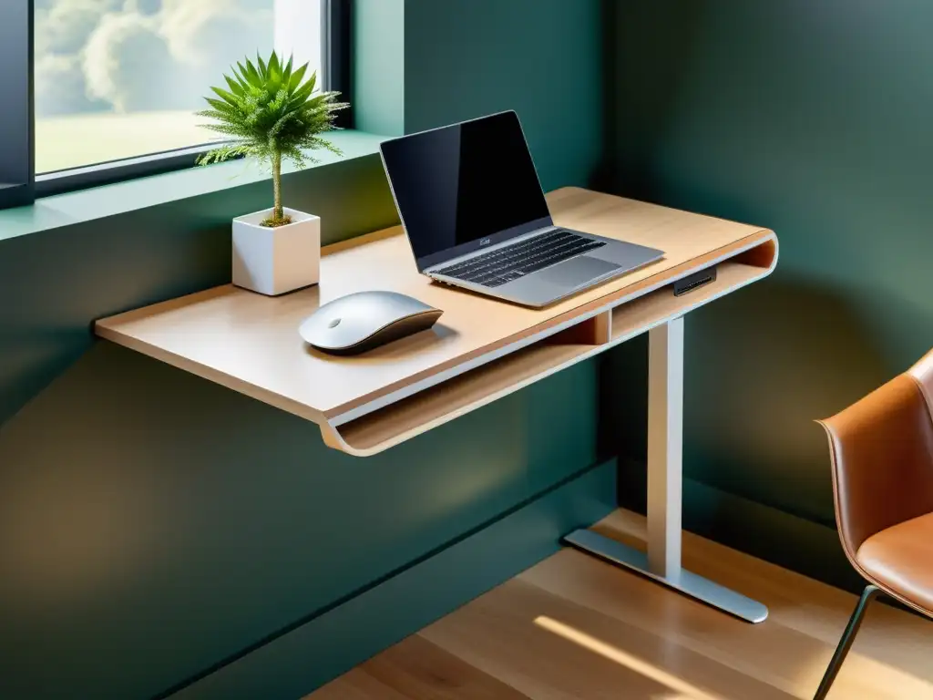 Escritorio moderno con carga inalámbrica y espacio de almacenamiento Escritorio moderno con soluciones tecnológicas para espacios pequeños, integración inalámbrica y elegante espacio de trabajo iluminado por luz natural