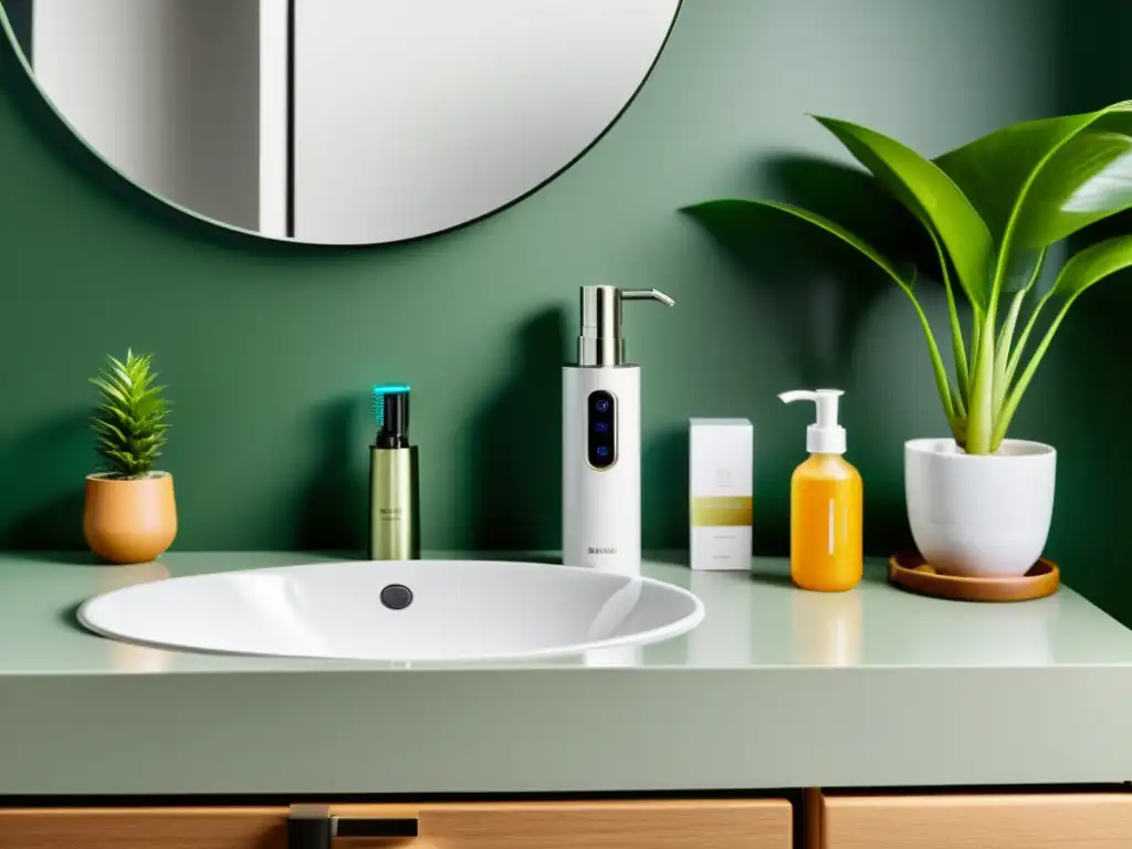 Espacio de baño moderno con electrodomésticos multifunción para hogar, rodeado de plantas verdes y luz natural