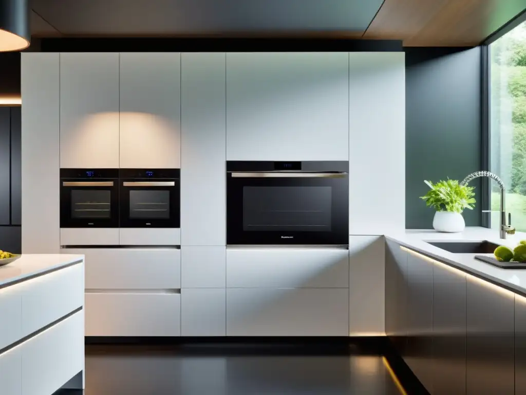 Cocina futurista con electrodomésticos inteligentes y minimalismo blanco Espacio de cocina futurista con electrodomésticos inteligentes para casa, integrados en mobiliario minimalista blanco y luz suave