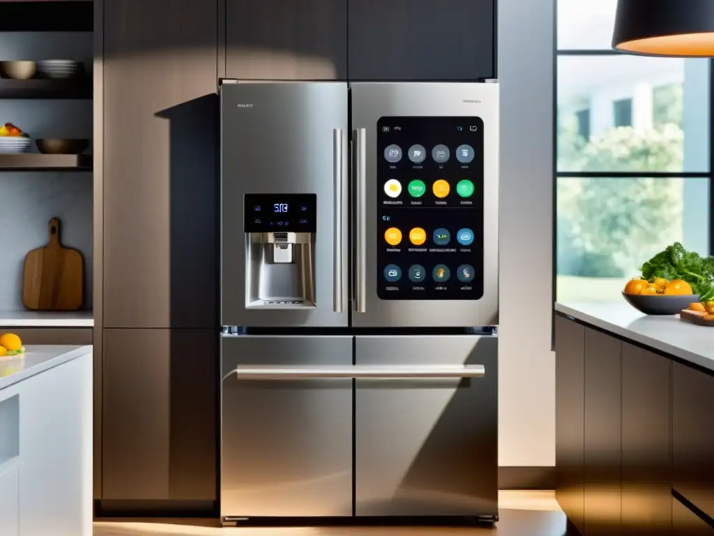 Cocina futurista con tecnología inteligente y vistas al jardín Espacio de cocina futurista con electrodomésticos de acero inoxidable e integración de IA para personalización del hogar