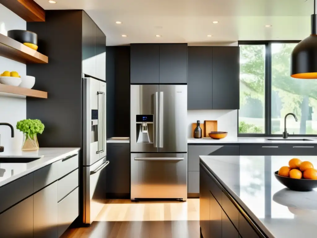 Cocina moderna: electrodomésticos inteligentes y elegante diseño minimalista Espacio de cocina inteligente con electrodomésticos conectados y diseño minimalista
