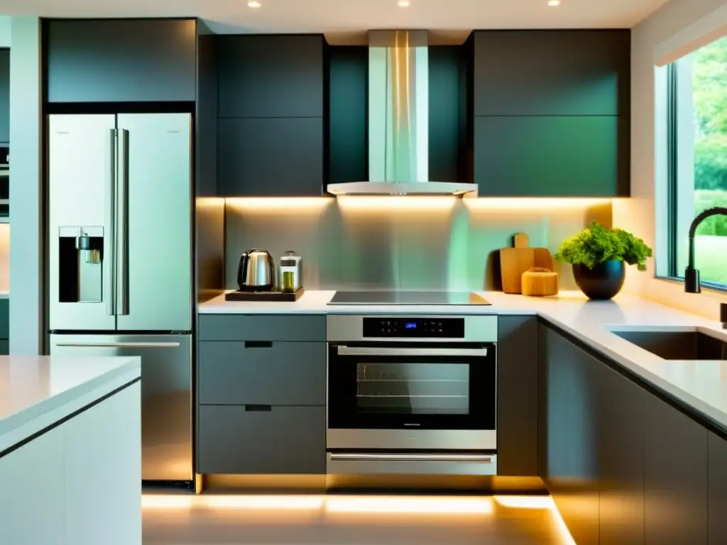 Espacio de cocina moderna con electrodomésticos multifunción para hogar organizados en un elegante mostrador minimalista, iluminado por luces LED