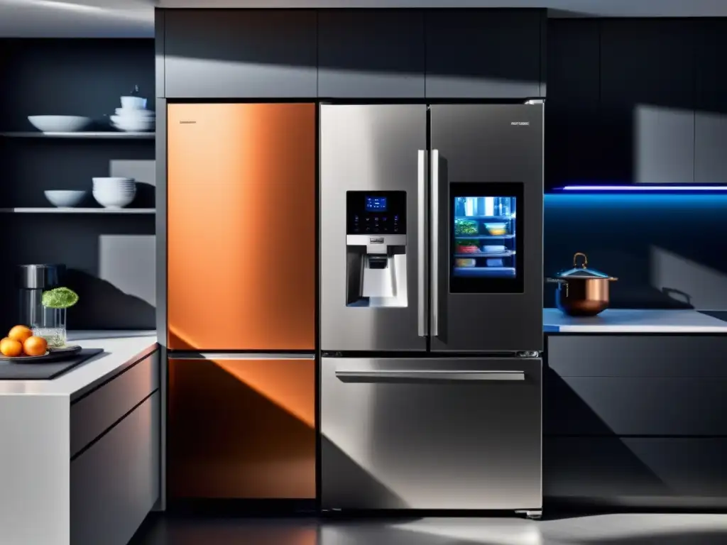 Cocina moderna con electrodomésticos conectados y diseño minimalista Espacio de cocina moderna con electrodomésticos conectados y refrigerador de diseño elegante y activado por voz