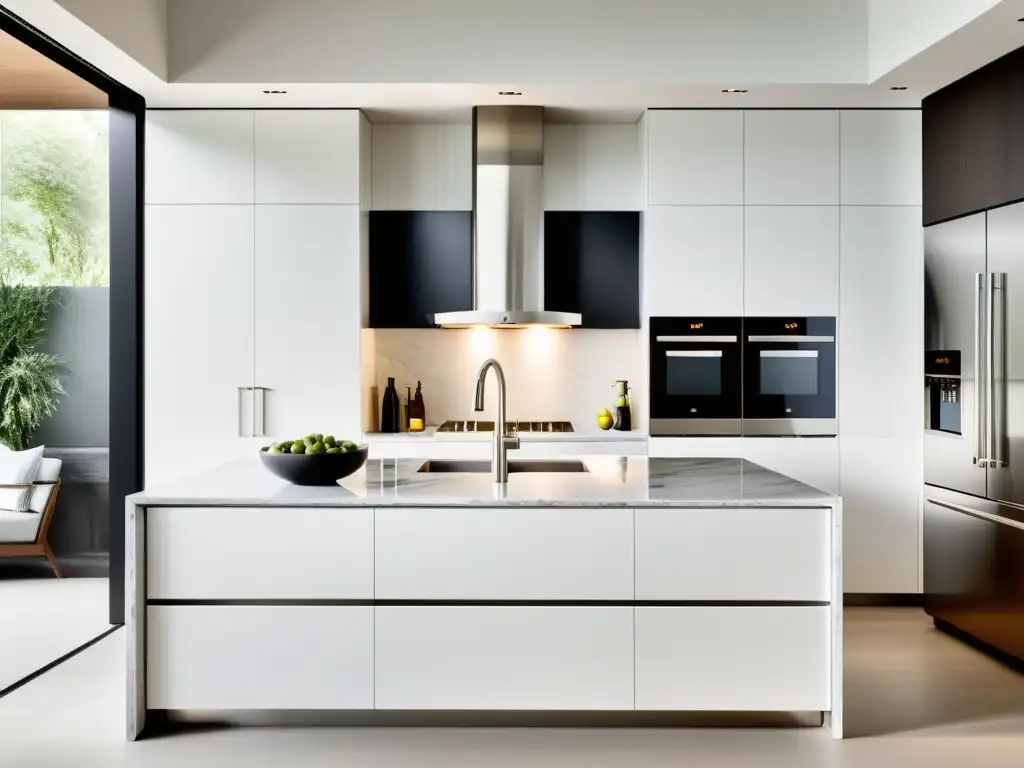 Moderna cocina de lujo con electrodomésticos de acero inoxidable Espacio de cocina moderna y elegante con electrodomésticos de alta gama integrados en mobiliario blanco minimalista y encimera de mármol