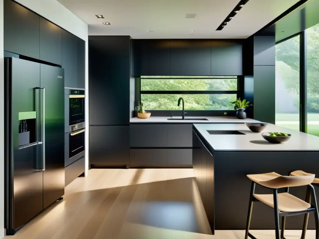 Cocina y sala de estar ultramodernas con electrodomésticos integrados y diseño minimalista en negro mate Un espacio de cocina y sala de estar ultramoderno con electrodomésticos integrados en el living, acabados en negro mate y elementos de diseño minimalista