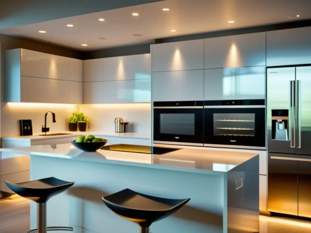 Cocina moderna con electrodomésticos de acero inoxidable y microondas de última generación Un espacio culinario acogedor y elegante con microondas de última generación