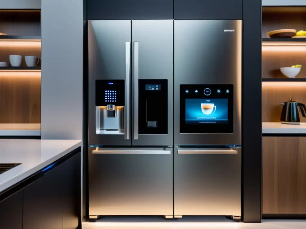 Cocina futurista con electrodomésticos de vanguardia Un espacio culinario ultramoderno con electrodomésticos con inteligencia artificial, que refleja sofisticación y avance tecnológico