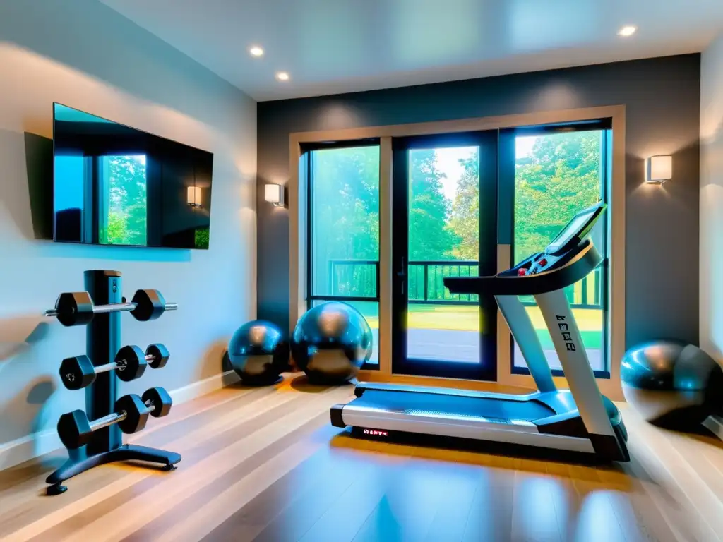 Espacio de entrenamiento en casa con equipo de ejercicio futurista Espacio de entrenamiento en casa con equipos de ejercicio inteligentes para hogar en un ambiente sofisticado y futurista