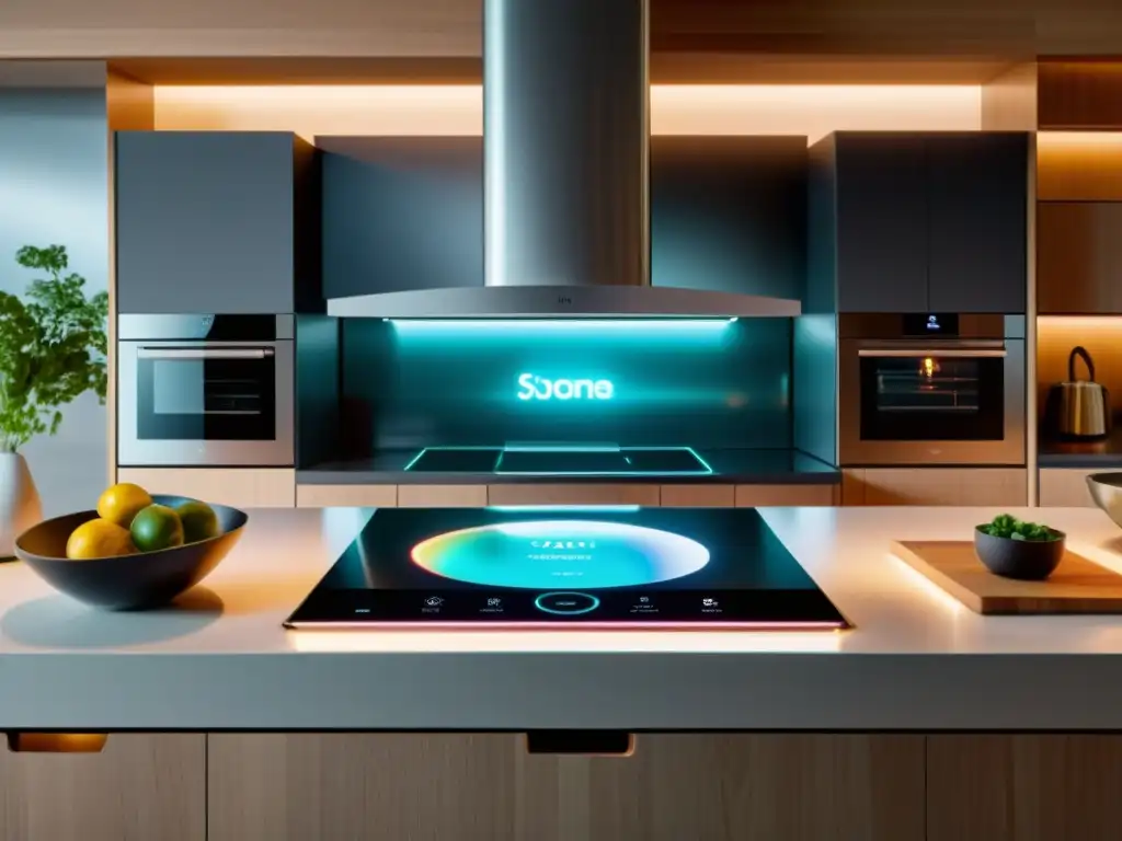 Cocina Futurista con Tecnología AR y VR Un espacio futurista de cocina con electrodomésticos inteligentes y realidad aumentada integrados en el ambiente