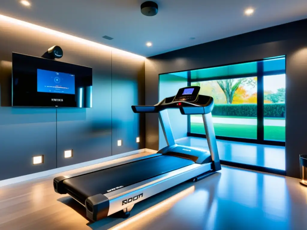 Gimnasio en casa de alta tecnología: equipamiento inteligente y moderno Espacio de gimnasio en casa con equipos de ejercicio inteligentes para el hogar, iluminado y minimalista