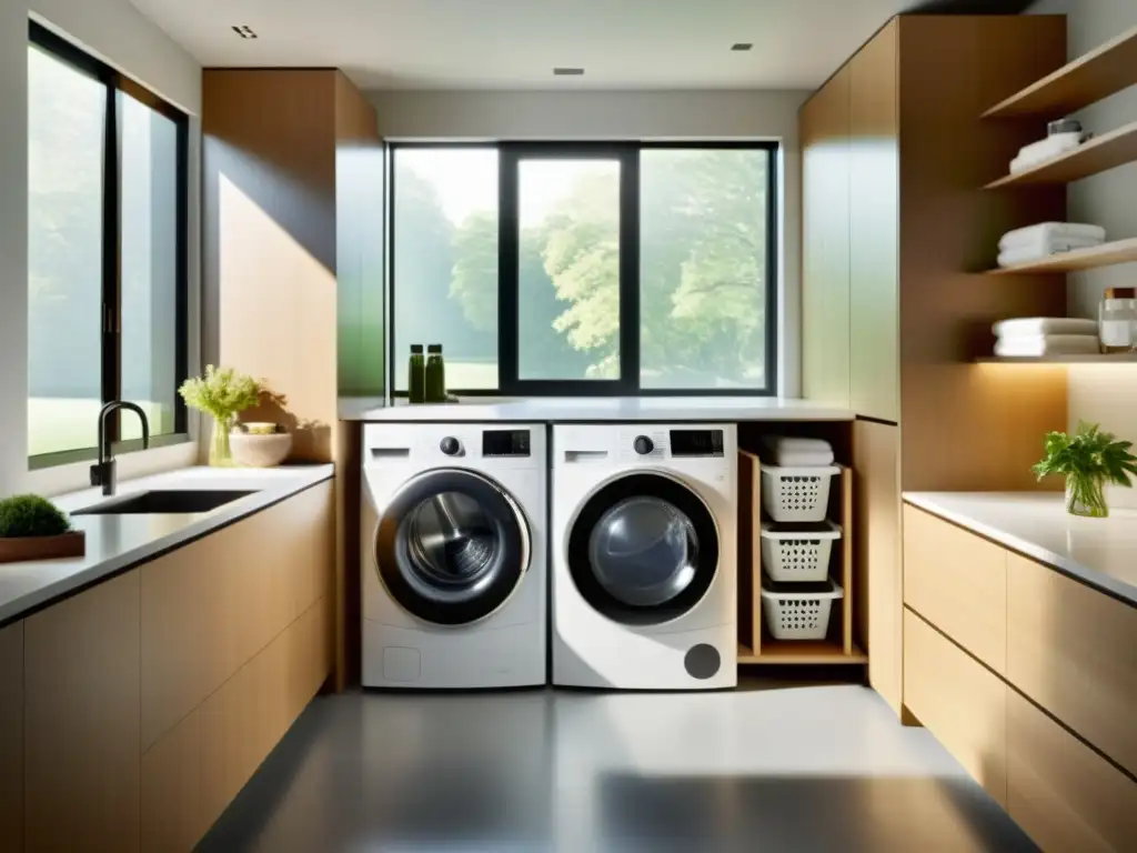 Lavandería moderna: innovación y elegancia Espacio de lavandería elegante y moderno con tecnología innovadora y soluciones de almacenamiento personalizables