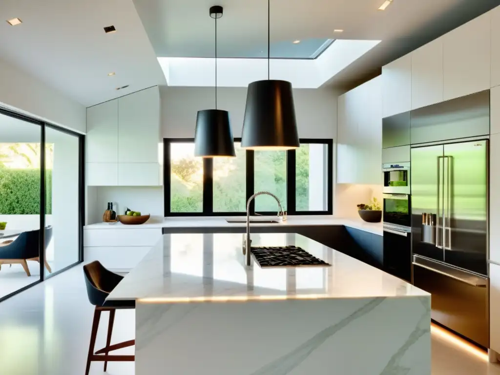 Cocina moderna con electrodomésticos de acero inoxidable Espacio minimalista en cocina moderna con electrodomésticos integrados