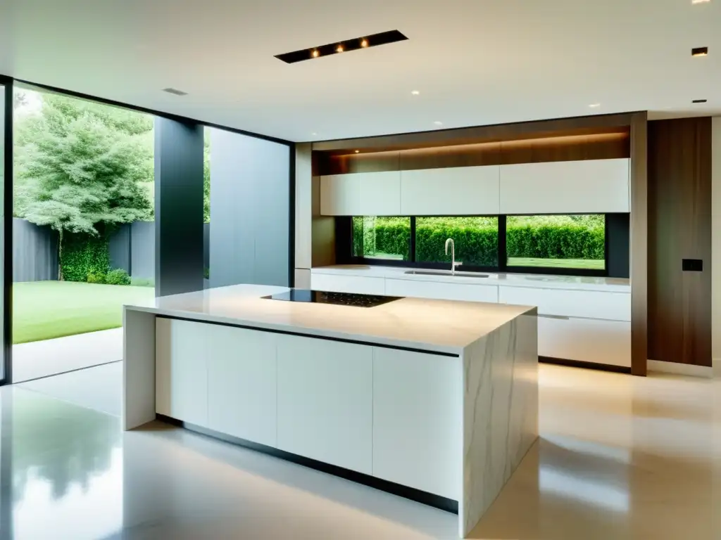 Cocina moderna con isla de mármol y electrodomésticos integrados Espacio minimalista con electrodomésticos para decluttering, luz natural y diseño elegante