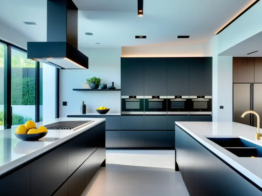 Cocina moderna con refrigerador negro mate y pantalla táctil Espacio minimalista con electrodomésticos prácticos con estilo en cocina moderna