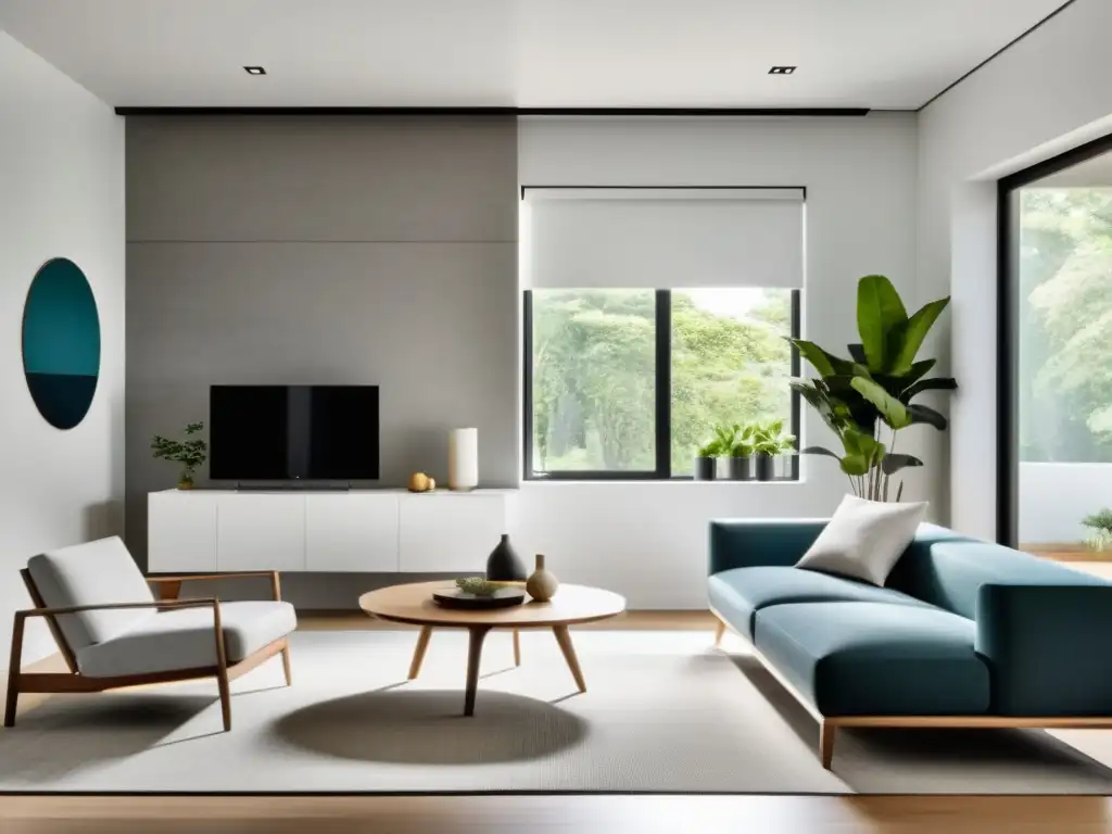Salón moderno con aire acondicionado portátil y split: confort y estilo Espacio moderno con aires acondicionados portátiles, ventana amplia y luz natural