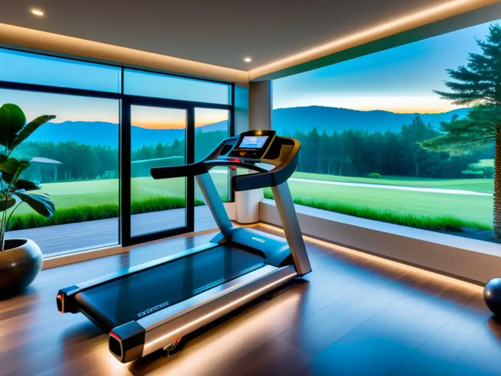 Entrenamiento futurista en casa con tecnología de vanguardia Espacio moderno para ejercicio en casa con tecnología futurista y vista al aire libre