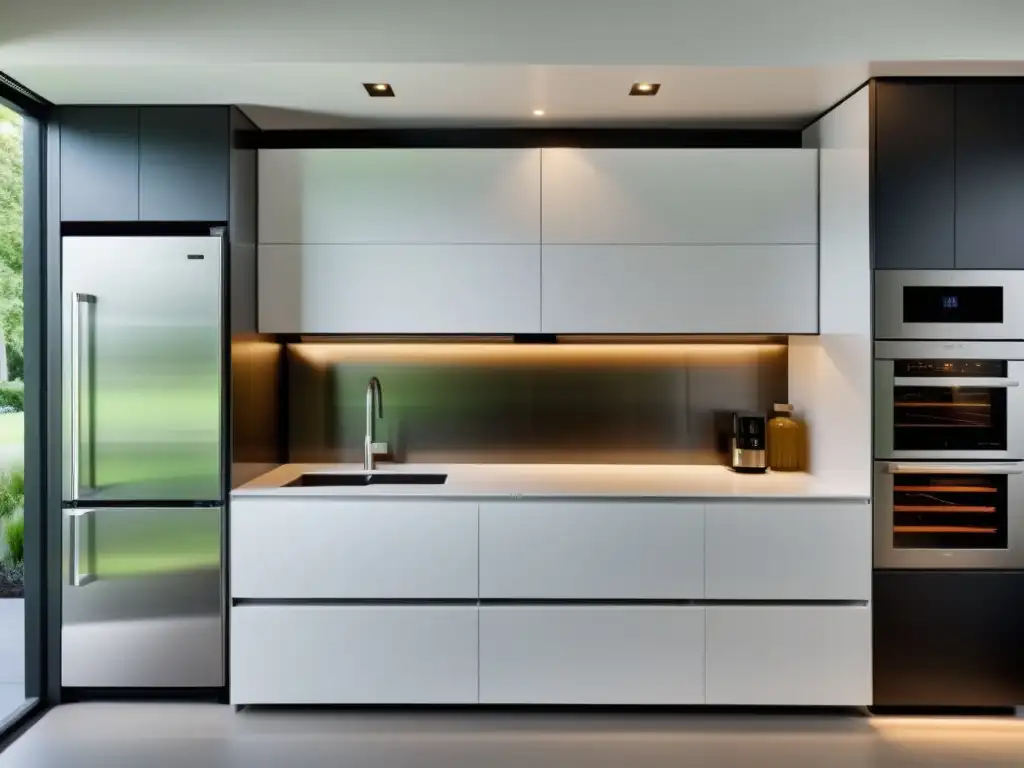 Cocina moderna con electrodomésticos integrados en blanco brillante Espacio moderno con electrodomésticos para espacios pequeños integrados en una cocina compacta y eficiente, con diseño minimalista y contemporáneo