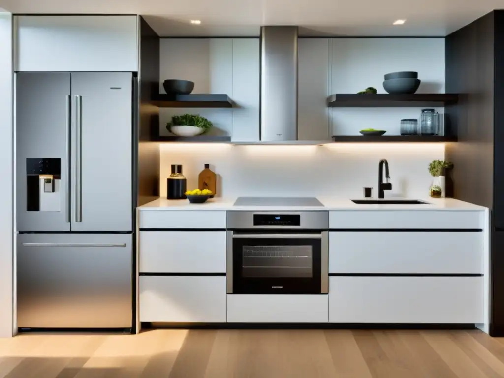 Cocina moderna inteligente con electrodomésticos compactos y elegantes Espacio moderno con electrodomésticos inteligentes adaptados a espacios pequeños, eficientes y elegantes