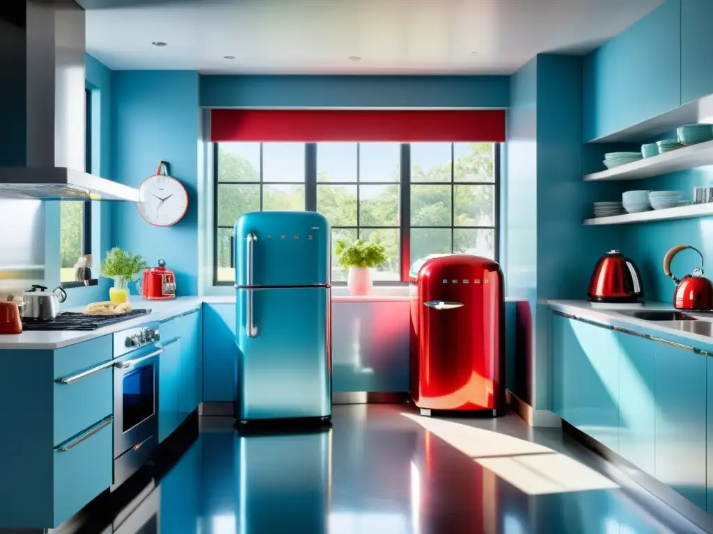 Cocina moderna con electrodomésticos retro de acero inoxidable Espacio moderno con electrodomésticos retro para transformar espacio, incluyendo refrigerador rojo y batidora azul pastel