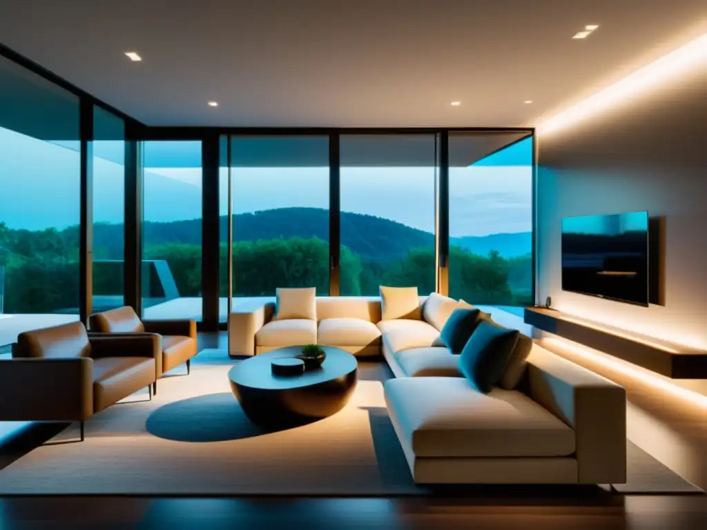 Salón moderno con iluminación inteligente para una atmósfera acogedora Espacio moderno con iluminación inteligente para hogar, creando un ambiente acogedor con luz cálida y mobiliario minimalista