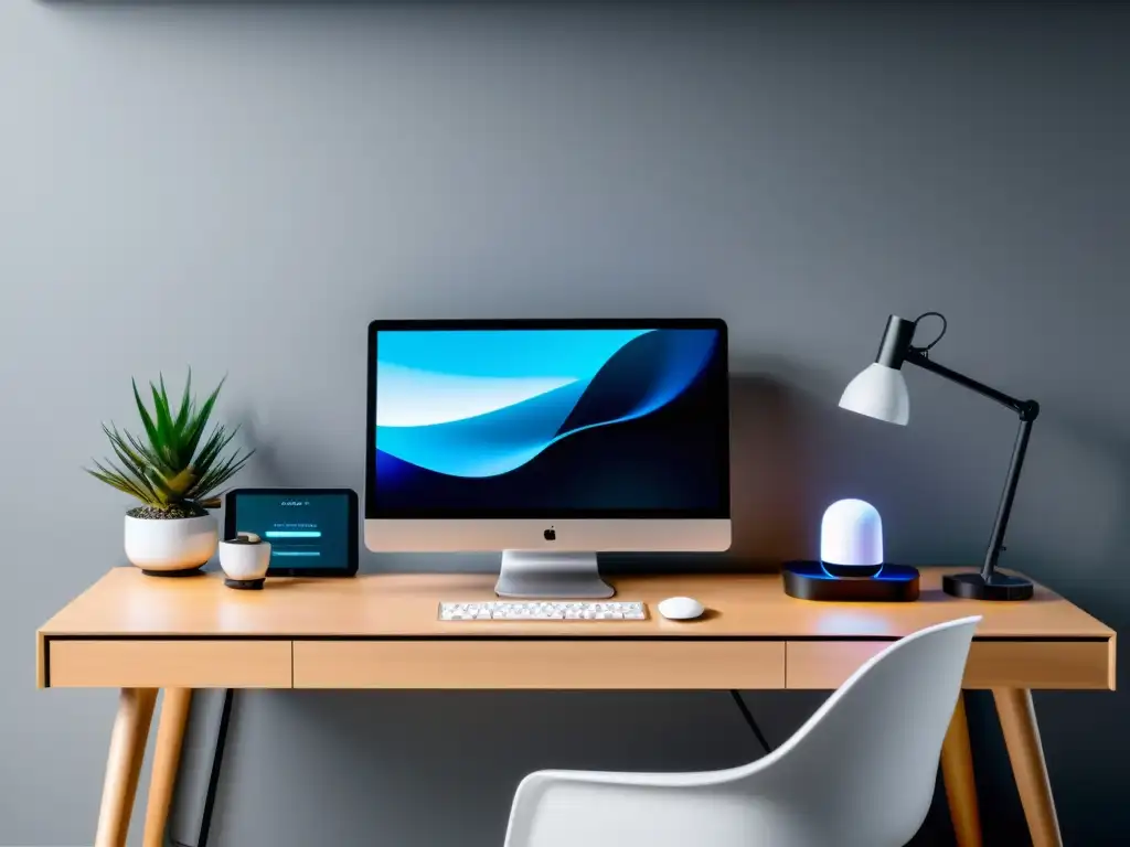 Oficina en casa inteligente con asistente de voz Espacio de oficina moderno con integración de equipos inteligentes por voz, diseño minimalista y eficiente
