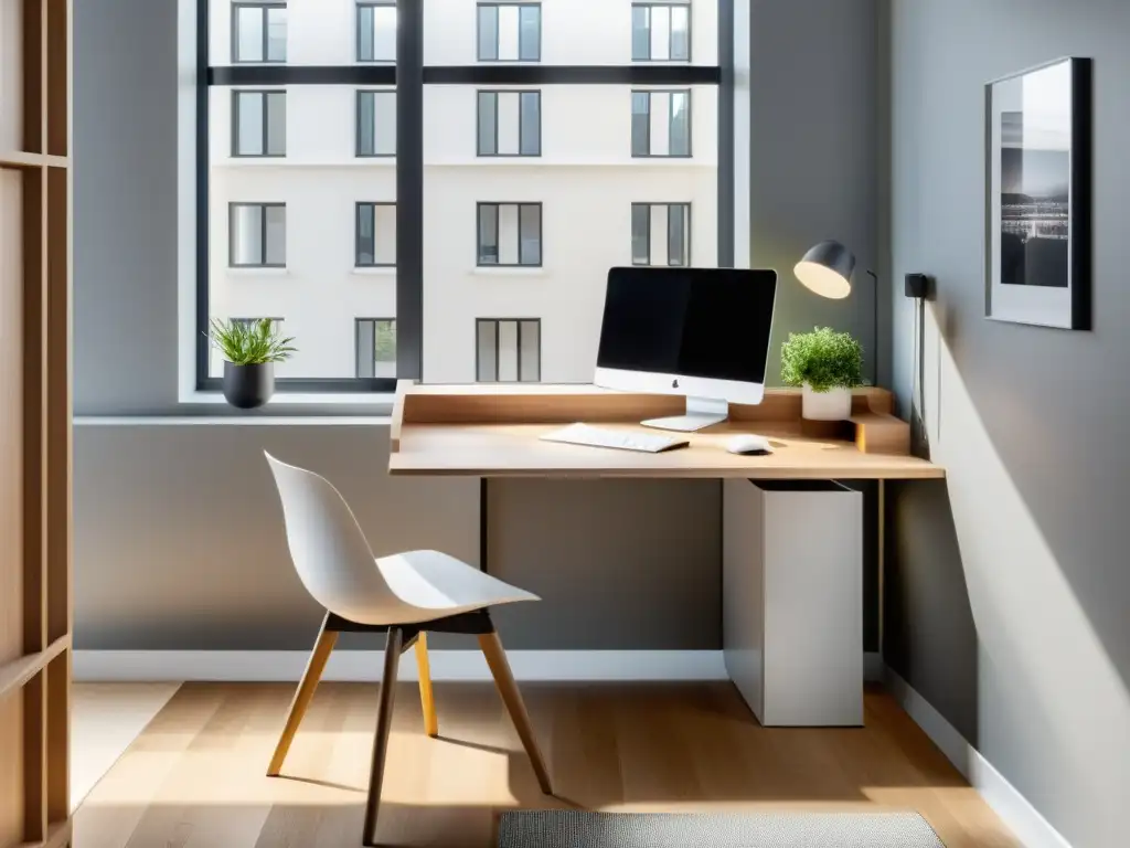 Escritorio compacto moderno en un apartamento pequeño y elegante Un espacio de trabajo compacto y moderno en un elegante apartamento con soluciones tecnológicas para espacios pequeños