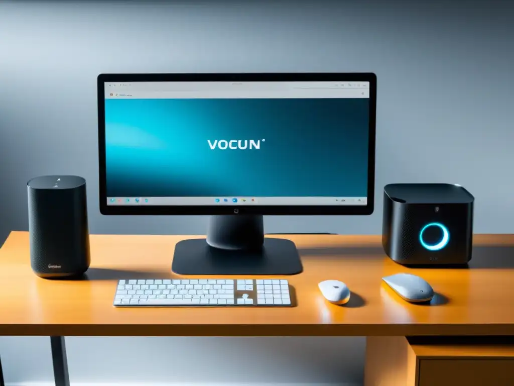 Oficina inteligente: escritorio moderno con altavoz y monitor Un espacio de trabajo moderno e integrado con equipos de oficina inteligentes controlados por voz