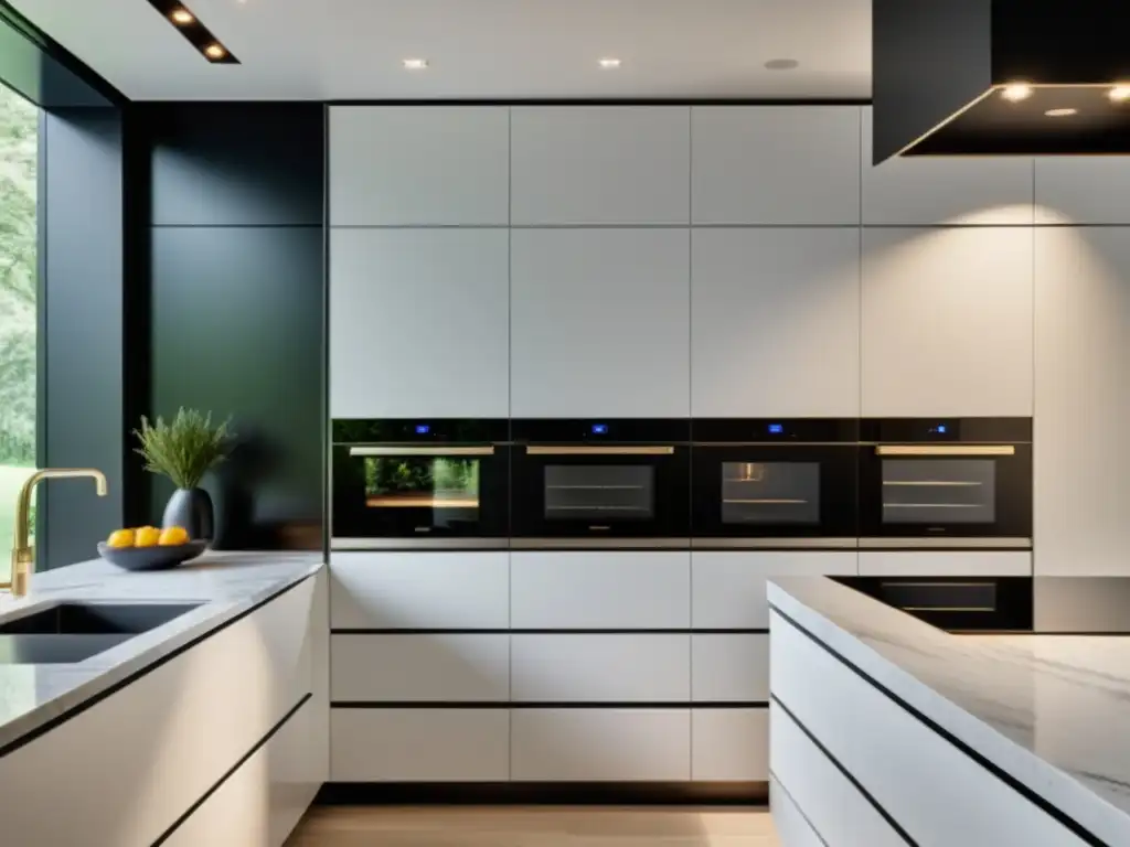 Cocina moderna con electrodomésticos integrados 'Espacios con electrodomésticos empotrables en cocina moderna con elegantes acabados blancos y encimeras de mármol negro