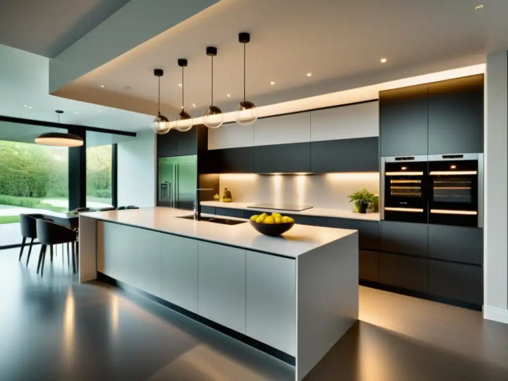 Cocina moderna y minimalista con electrodomésticos integrados Espacios con electrodomésticos empotrables: Cocina moderna, minimalista, con isla y diseño integrado, iluminación cálida