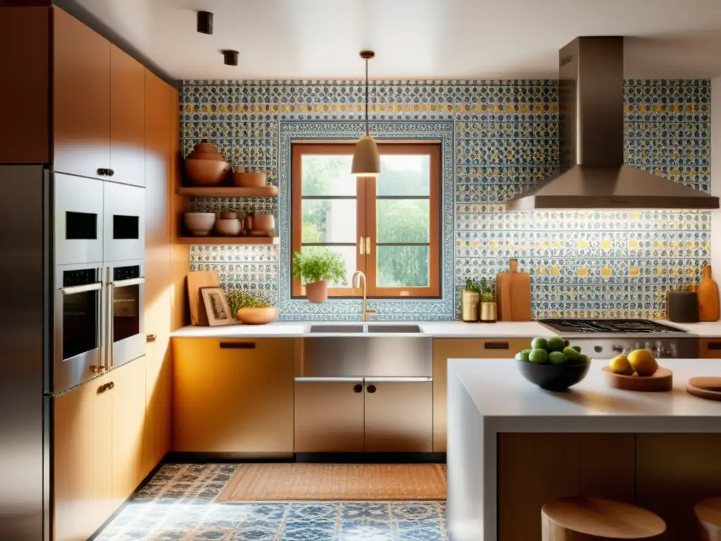 Espaciosa cocina minimalista con azulejos españoles y electrodomésticos que respetan tradición, iluminada por cálidas luces colgantes