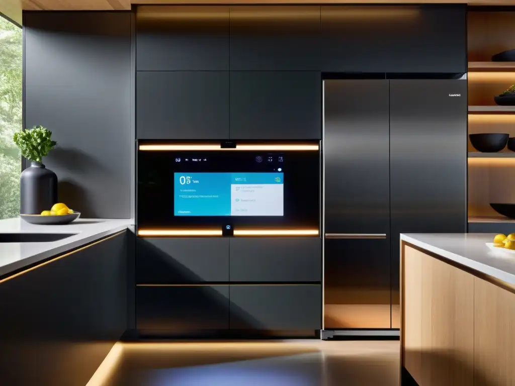 Cocina moderna con electrodomésticos inteligentes y diseño minimalista Espaciosa cocina moderna con electrodomésticos multifuncionales conectados para una experiencia culinaria inteligente y elegante
