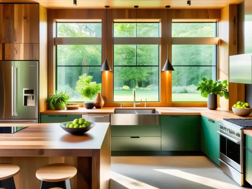Espaciosa cocina moderna con electrodomésticos sostenibles, compra responsable y vista a un jardín exuberante
