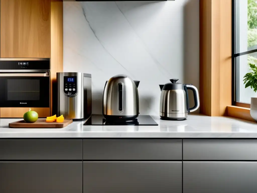 Electrodomésticos de diseño en una cocina moderna Espaciosa cocina moderna con electrodomésticos de diseño integrados en la decoración, bañada por luz natural y elegancia contemporánea