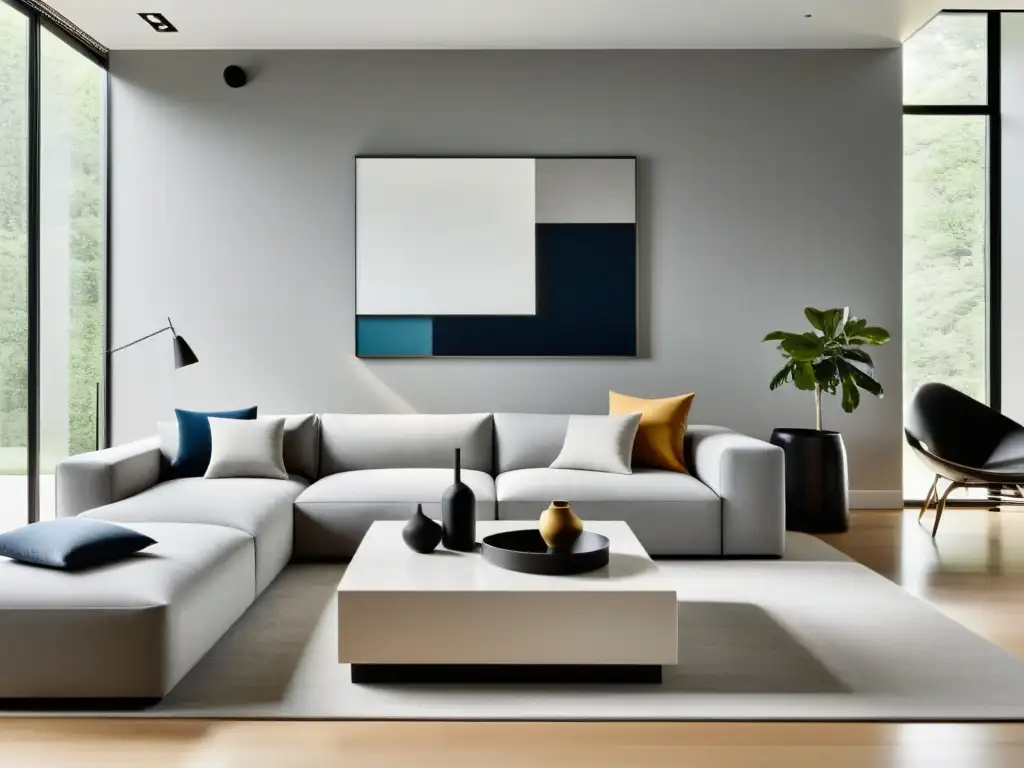Salón moderno y espacioso: sofá ergonómico y arte abstracto Espaciosa sala de estar moderna con los mejores diseños ergonómicos para hogar