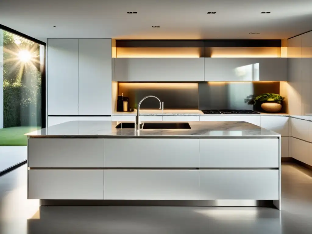 Cocina moderna: minimalismo y elegancia en mármol y acero Espacioso y luminoso diseño de cocina moderna con electrodomésticos integrados y encimeras de mármol