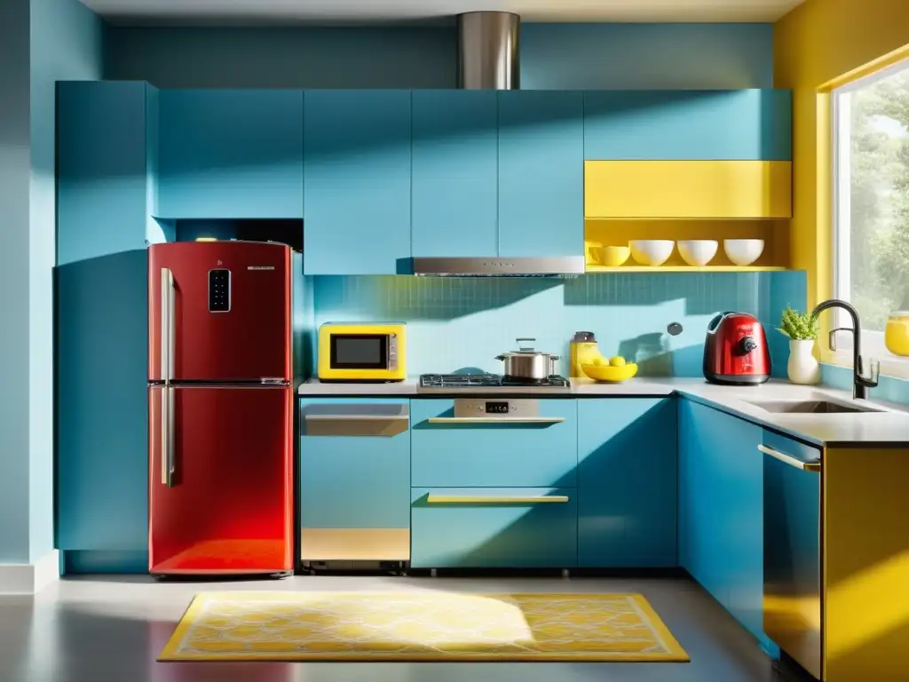 Cocina moderna con electrodomésticos de colores vibrantes Espacioso y moderno entorno de cocina con electrodomésticos en colores vibrantes, creando una atmósfera acogedora y atractiva