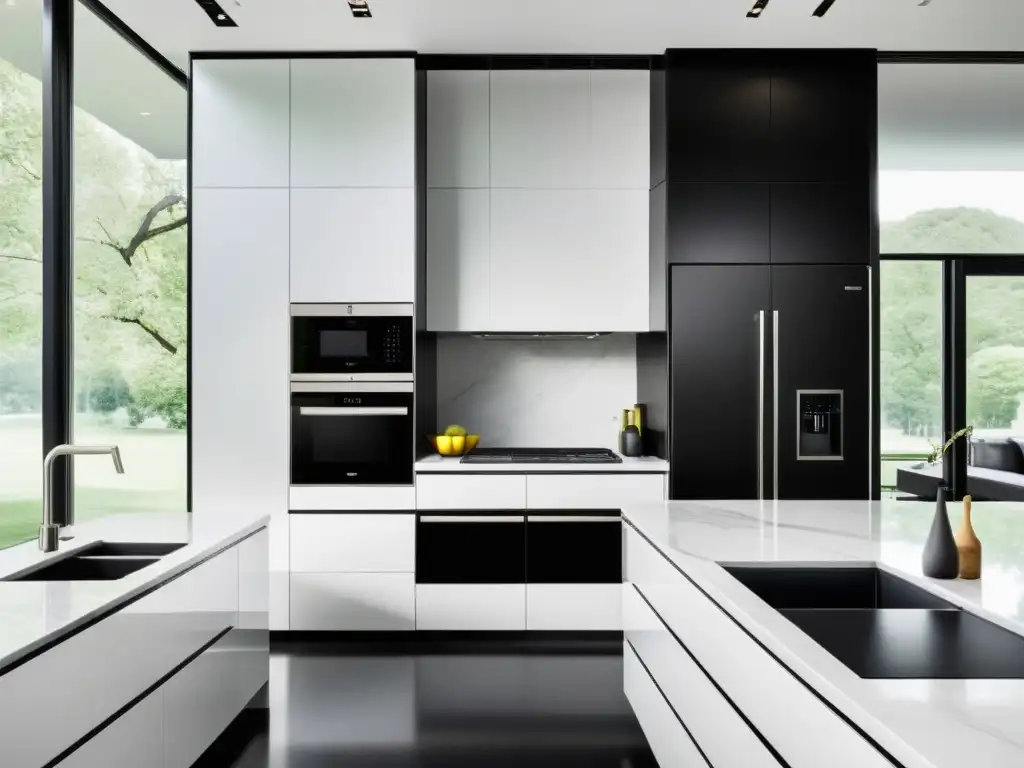 Espacioso showroom de cocina con electrodomésticos de alta gama, encimeras de mármol blanco y elegante diseño minimalista