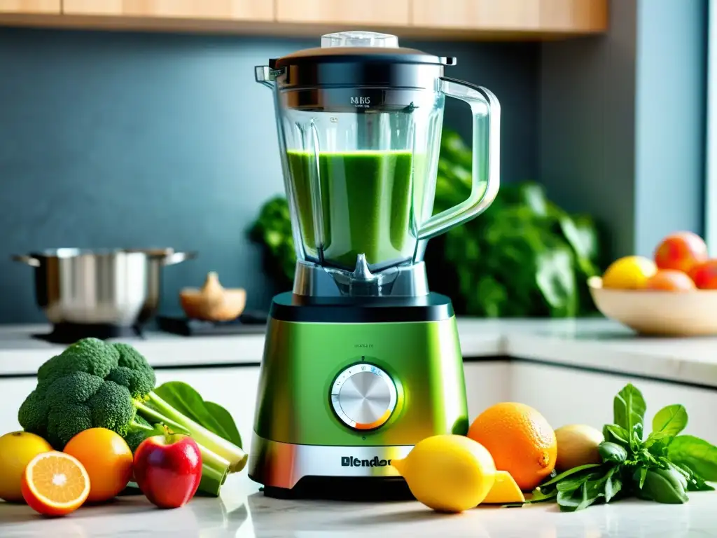 Batidora moderna preparando un vibrante smoothie verde Un espectacular blender moderno preparando un smoothie verde vibrante con frutas y verduras frescas
