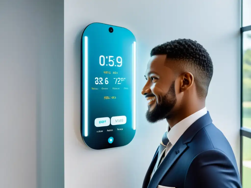 Un espejo inteligente de alta tecnología con widgets personalizables y un ambiente futurista