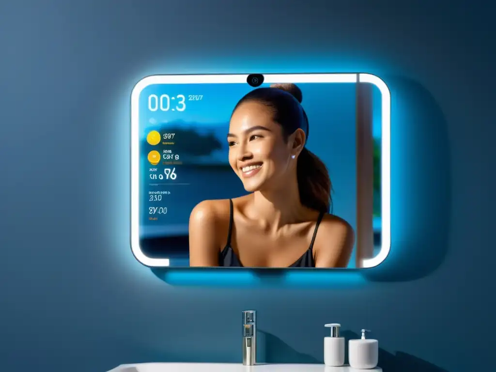 Un espejo inteligente moderno y elegante muestra información en tiempo real, iluminado con luz ambiental